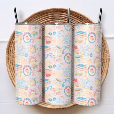 Creasowl® - Cottage Core Tea Time - Roestvrijstalen Tumbler - Geïsoleerde beker - Koffiebeker - Drinkfles - Thermosbeker - 600ml - Warme en koude dranken - Anti lek dop - Ijzeren rietje - schoolbeker - To go beker - Kinderen - Volwassenen
