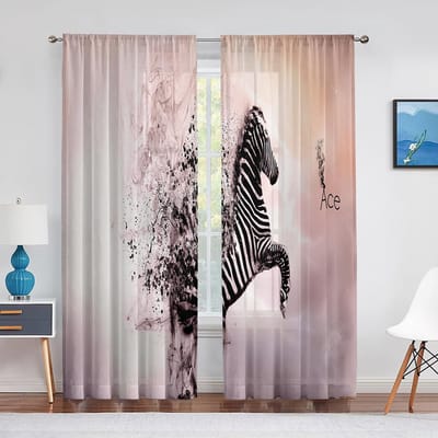 Zebra Familie op Gras Wilde Dieren Tule Gordijnen voor Woonkamer Keuken Slaapkamer Chiffon Transparant Voile Gordijn Raam Draperieën 1 PCS W100XH250cm&Grommet Top