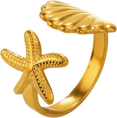 RVS Zeester en Schelp Ring voor Dames – Zomer Strand Ring – Luxe Sieraad van Roestvrij Staal – Verkleurvrij