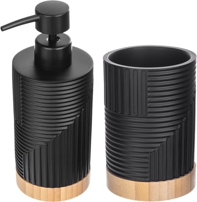 KADAX Set van 2 voor badkamer, tandenborstelbeker en afwasmiddeldispenser, decoratieve tandenborstelbeker, moderne zeepdispenser voor afwasmiddel (rond, zwart)