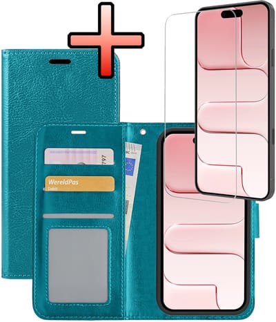 Hoesje - Met Screenprotector - Geschikt voor Apple iPhone Air - Luxe Pasjeshouder - Bookcase Portemonee - Flip Case - Kunstleer Book Case - Flipcase - Book Cover - Walletcase - Portemonneehoes - Turquoise