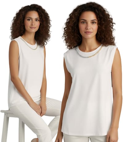 Dames, crèmekleurige ELEGANT blouse zonder mouwen met SNIJVERKLEURIGE KETTING