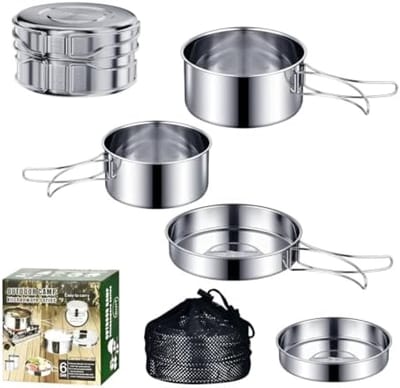 PromoHome Outdoor Camping Kookset 4-delig - 304 Roestvrij Staal Pannenset met Opvouwbare Handgrepen - Draagbare Kookgerei voor Camping, Picknick en Outdoor Avonturen - Geschikt voor 1-2 Personen