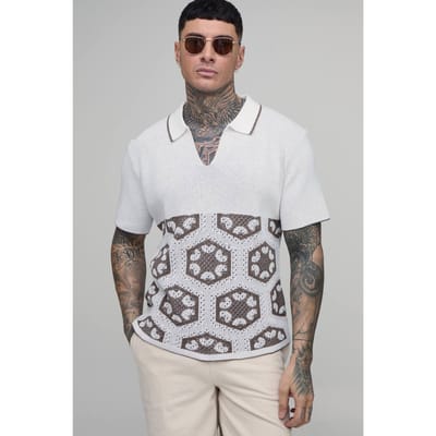 Tall Oversized Boxy Crochet Tapestry Knitted Polo T-Shirt | Taupe | Size Small