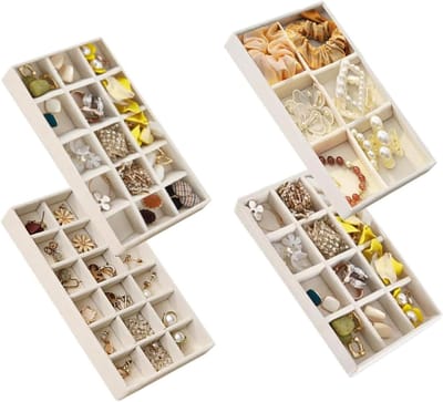 Sieraden Organizer voor Lade Set van 4, Velours Sieraden Tray voor Oorbellen en Accessoires Opslag (Beige)