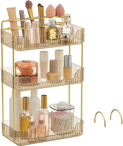 Famanu - Make-uporganizer, 2 soorten accessoires, 3-laags huidverzorgingsorganizer, rechthoekig, aanpasbaar, sieradenhouder, voor ijdelheid, cadeau, champagnegoud