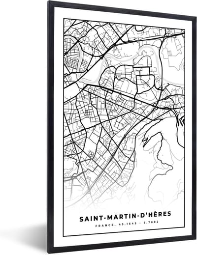 Fotolijst incl. Poster Zwart Wit- Stadskaart – Plattegrond – Kaart – Saint-Martin-d'Hères - Frankrijk - Zwart wit - 40x60 cm - Posterlijst