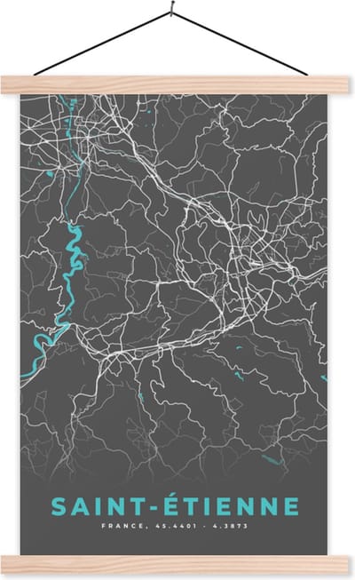 Posterhanger incl. Poster 40x60 cm - Schoolplaat - Saint-Étienne - Frankrijk - Stadskaart - Kaart - Plattegrond - Textielposter - Blanke latten - Stadskaart