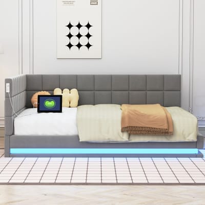 Zubaliya Schlafsofa Polsterbett - 140x200 cm Grijs - Leinen - LED Lichtleiste - USB Steckdose