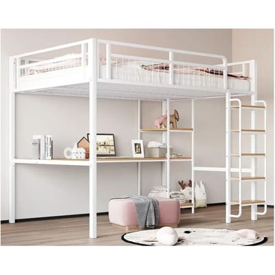 ModernLuxe Metalen hoogslaper 140x200 cm - met bureau en veiligheidsladder - Wit