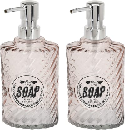 Items Zeeppompje/dispenser - 2x - 17 cm - glas - oranje - 300 ml - navulbaar - toilet/badkamer/keuken
