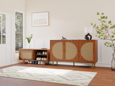 Wishdor Dressoirset Met Rotanlook - Dressoir En Schoenenkast Met Schuifdeuren - Walnootkleur - Spaanplaat
