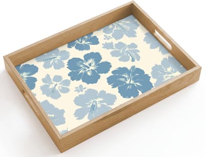 Dienblad hout 40x30 cm - Schootdienblad - Hibiscusbloemen - Blauw - Patroon - Tropisch - Borrelplank rechthoek - Plateau dienbladen