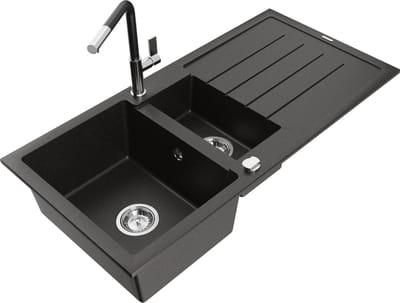 Mexen Andres granieten gootsteen 1,5-kamer met afdruiprek en keukenkraan Flora, zwart/goud metallic - 6515-75-670401-07