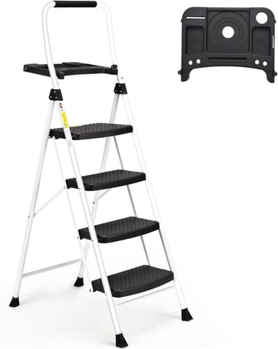Zyrex® Huishoudtrap 4 Treden - Keukentrapje Basic Inklapbaar - Keukentrap Anti-slip – Wit - 0cm x 50cm x 120cm
