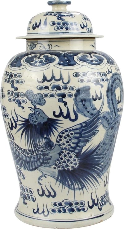 Fine Asianliving Chinese Gemberpot Blauw Wit Porselein Handgeschilderd Draak Phoenix D27xH47cm