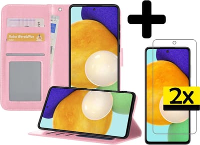 Hoesje - Met 2x Screenprotector - Geschikt voor Samsung Galaxy A52 5G - Luxe Pasjeshouder - Bookcase Portemonee - Flip Case - Kunstleer Book Case - Flipcase Hoes - Book Cover - Walletcase - Portemonneehoes - Telefoonhoesjes - Lichtroze