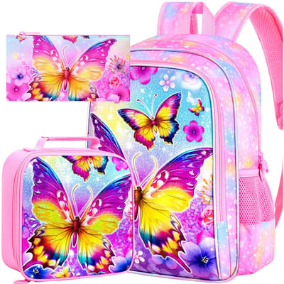 16  Kinderrugzak voor Meisjes, 3-delige Schoolrugzak met Lunchbox, Vlinderrugzakken Set voor Basisschool Kleuterschool Peuterschool