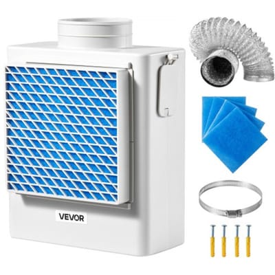 VEVOR 3-in-1 droogkastventilatieset voor binnen, ABS-materiaal, geschikt voor 99 mm uitlaataansluiting, afzuigkap met oververhittingswaarschuwing, afneembare gaaskap en 4 vervangende pads