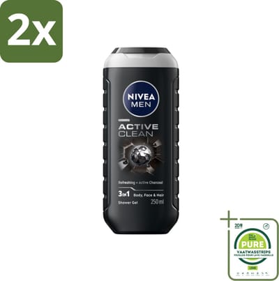 NIVEA MEN - Douchegel - Active Clean - 250 ml - Voordeelverpakking - 2 stuks - Douchegel - Reiniging