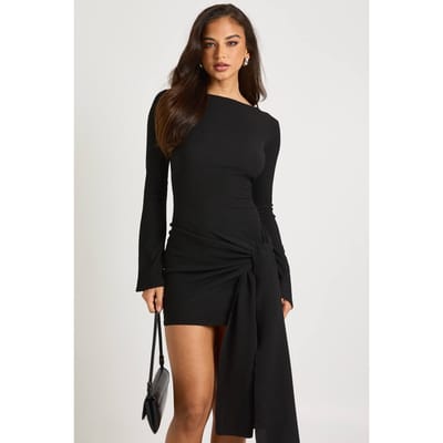 boohoo Dames Textuur Wikkel Strik Voorkant Minijurk | Zwart | Maat: 38