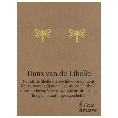 Stainless Steel Libelle Oorbellen op Cadeau Kaartje - Dans van de libelle! - ± 10x10mm Oorknopjes Zilverkleurig Roestvrij Staal - Pax Amare