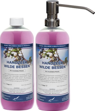 Handzeep Wilde Bessen 1 liter - set van 2 stuks - met gratis RVS zilverkleurige pomp - Voordeelverpakking
