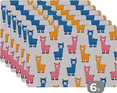 Placemat - Placemats kunststof - Lama - Dieren - Patronen - Roze - Blauw - 45x30 cm - 6 stuks - Hittebestendig - Anti-Slip - Onderlegger - Afneembaar