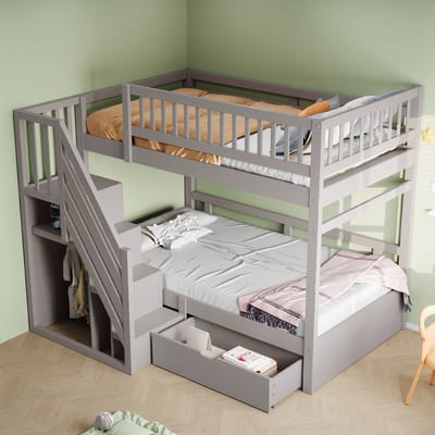 MEUNIQ stapelbed 90x200 cm met lattenbodems, opbergtrap, hoge veiligheidshekken en bedlade, houten kinderbed voor kinderkamer of jeugdkamer, grijs