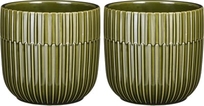 Mica Decorations - 2x - Plantenpot/bloempot - keramiek - groen - stripes patroon - D14 x H13 cm