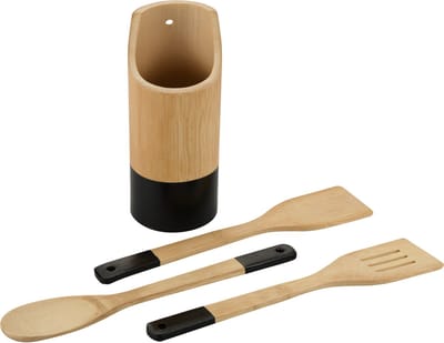 Kesper Keukengerei lepels set 3-delig - 31 cm - in houder - bamboe - lichtbruin/zwart - Pollepels - Spatels - Keukenspatels
