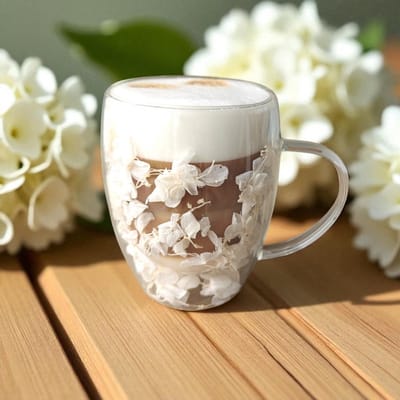 T.R Goods – 2 x Dubbelwandige Koffie of Theeglazen met Gedroogde Bloemen – 300ml – Elegant Borosilicaat Glas met Gypsophila, Hortensia & Roos – Cadeau voor Thee & Koffie - SZK185