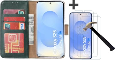 Hoesje met 3 Stuks Screenprotectors Geschikt voor Samsung Galaxy S25 – Arara bookcase met pasjeshouder - Groen