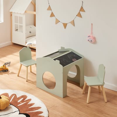 Kindertafelset Romso zitgroep met 2 stoelen mintgroen zwart en naturel [en.casa]