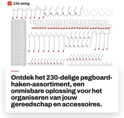 Dailygoods- Steekbordhaken 230-delig assortiment - Gatenwandhaken - Gereedschapshouders - Wasknijperhaken - Multi-tool rek - 14 soorten haken