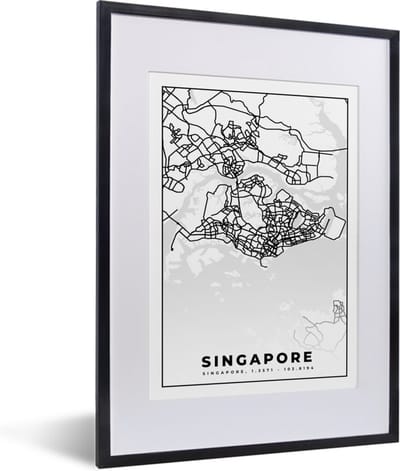 Fotolijst incl. Poster Zwart Wit- Singapore - Plattegrond - Kaart - Stadskaart - Zwart Wit - 30x40 cm - Posterlijst