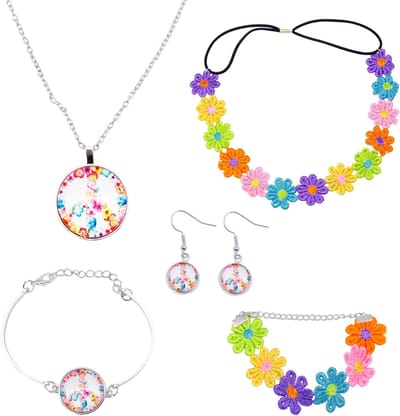 Hippie Kostuumset met 5 Accessoires voor Vrouwen - Vredesteken Ketting, Oorbellen en Zonnebloem Armbanden voor een Retro Look