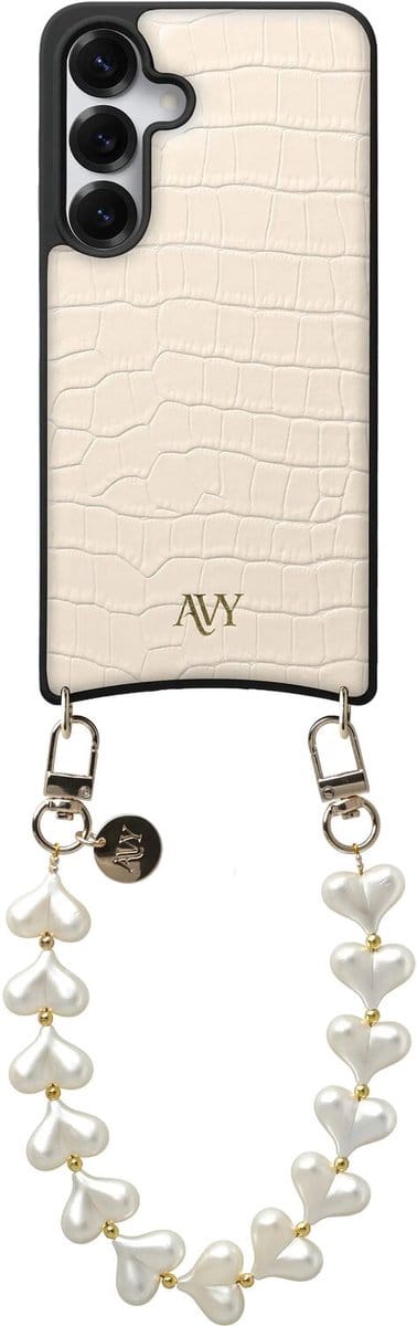 AVY Leren Hoesje Geschikt voor Samsung Galaxy S25 / S24 | Compatibel met MagSafe | Leather Case met Telefoonkoord | Polsband | Croco Beige | Cupid Pearl
