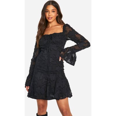 boohoo Dames Burnout Floral Milkmaid Mini Jurk | Zwart | Maat: 36