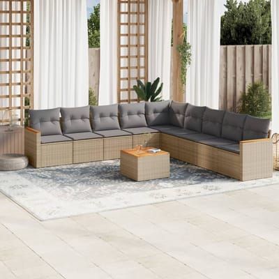 vidaXL - 10-delige - Loungeset - met - kussens - poly - rattan - gemengd - beige