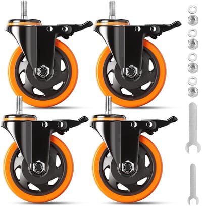 BOTC Zwarelast Zwenkwielen -4 inch zwenkwielen set – 4 stuks met dubbele vergrendeling – 300 kg -draagkracht voor karren, meubels, werkbanken –Oranje