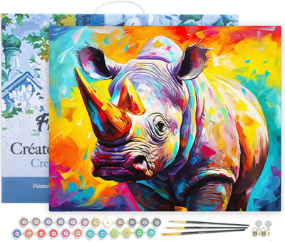 Figured'Art Schilderen op Nummer Volwassenen met lijst Kleurrijke Abstracte Neushoorn- Handwerk acrylverf Kit DIY Compleet - 40x50cm Canvas al ingelijst