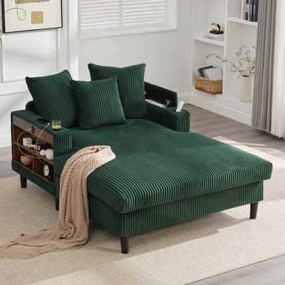 FloraGrace Chaise Longue 129 x 170 cm - Met Led, Usb, Opbergruimte En Bekerhouders - Woonkamer - Corduroy - Smaragd