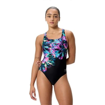 Speedo Dames Badpak Placement Printed Powerback Zwart/Blauw