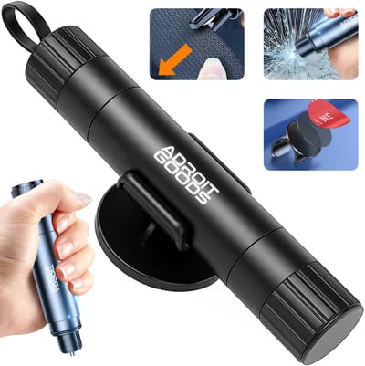 AdroitGoods Auto Noodhamer met Veiligheidsgordel Snijder - Premium 2-in-1 Reddingstool - Incl. Zelfklevende Houder en Testglas - Zwart