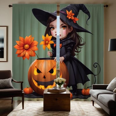 Ensemble de 2 pièces HD Halloween avec citrouille lanterne Fleur Sorcière rideau Cordon vert rideau imprimé numérique Style Déco Décoration de maison W52H63inchW132H160cm black