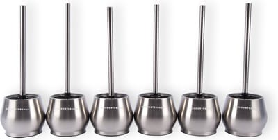 Discountershop Set van 6 Premium RVS Geborstelde Toiletborstels met Vrijstaande Houder - Zilverkleurig - Badkamer Accessoires - Modern Design