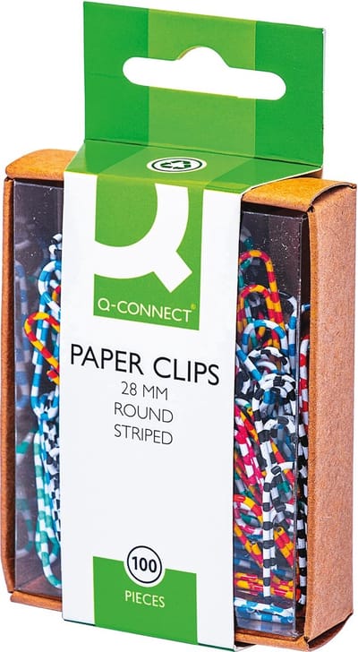 Q-CONNECT papierklemmen | 28 mm | doos van 100 stuks | gestreept in wit en geassorteerde kleuren