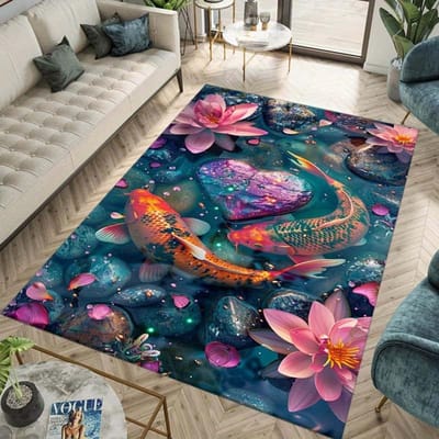 3D Bloemen- & Koi Vis Design Vloerkleed - Polyester Wasbare Mat voor Woonkamer, Slaapkamer, Thuiskantoor, Entree - Duurzame Stoel Ca 50x80cm gray
