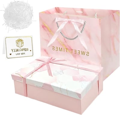 Verjaardagsdozen in Roze met Deksel - 25 x 18 x 8,5 cm - Medium Cadeauverpakking met Ribbons en Kaart voor Feestdagen en Jubilea